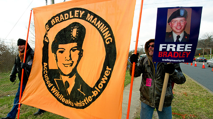 Protesters carry signs in support of US Army Private First Class Bradley Manning. (AFP Photo / Paul J. Richards)