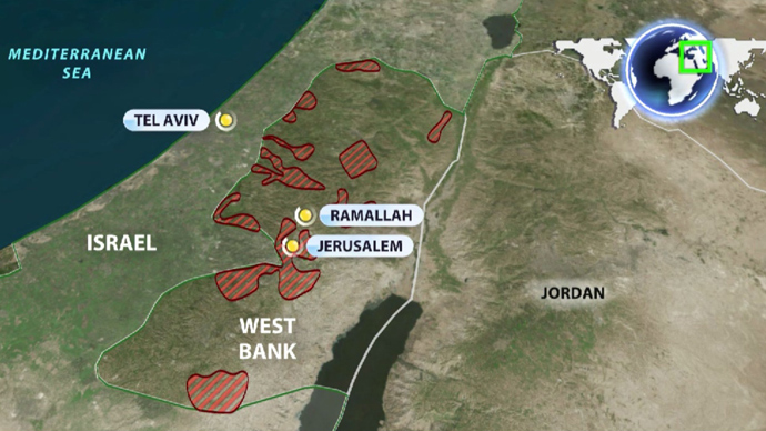 The map shows illegal Israeli settlements on the West Bank