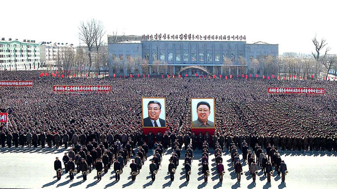 North Korean citizens and soldiers attend a rally held to support "The March 5 statement issued by a spokesman of the Supreme Command of the Korean People's Army", in North Pyongang Province March 10, 2013.(Reuters / KCNA)