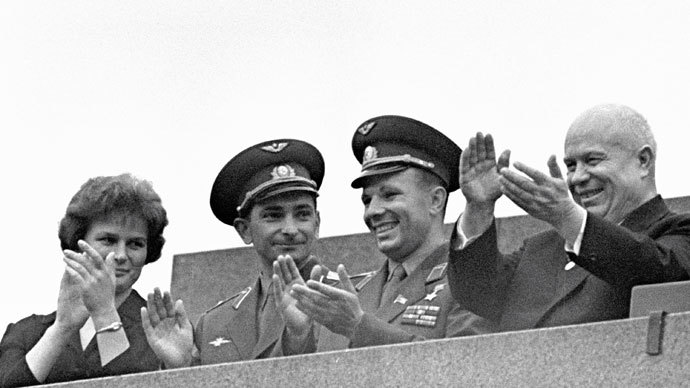 Soviet Communist Party First Secretary Nikita Khrushchev (right), Yuri Gagarin (second from right), Valery Bykovsky (second from left) and Valentina Tereshkova (left) during a rally dedicated to the successful completion of the flight of the Vostok-5 and Vostok-6 spacecraft.(RIA Novosti / V. Malyshev)