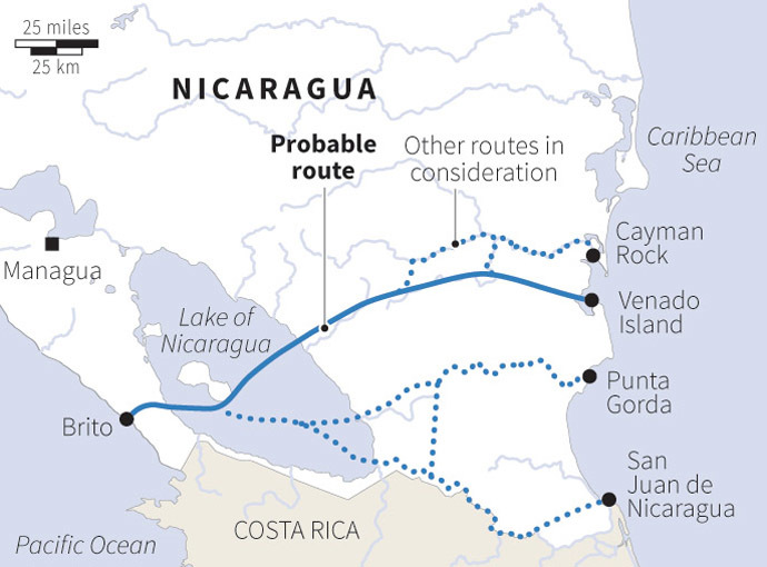 The proposed 286-kilometer (178-mile) canal route to be built through Nicaragua. (Reuters)