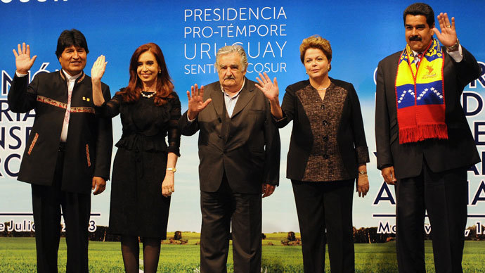 Presidents Evo Morales of Bolivia, Cristina Fernandez de Kirchner of Argentina, Jose Mujica of Uruguay, Dilma Rousseff of Brazil and Nicolas Maduro of Venezuela pose for the official picture of the XLV Mercosur Summit, at the Mercosur headquarters in Montevideo on July 12, 2013.(AFP Photo / Miguel Rojo)