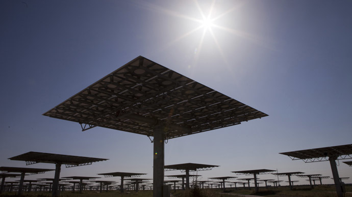 This handout picture released by Gemasolar shows the Torresol Energy Gemasolar thermasolar plant in Fuentes de Andalucia near Sevilla, southern Spain. (AFP Photo/Gemasolar)
