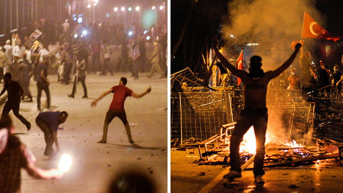 Demonstrators for and against ousted president Mohamed Morsi hurl stones at each other as they clash near Egypt's landmark Tahrir square on July 5, 2013 in Cairo. (L) Protestors clash with riot police between Taksim and Besiktas in Istanbul, on June 1, 2013, during a demonstration against the demolition of the park. (R) (AFP Photo)