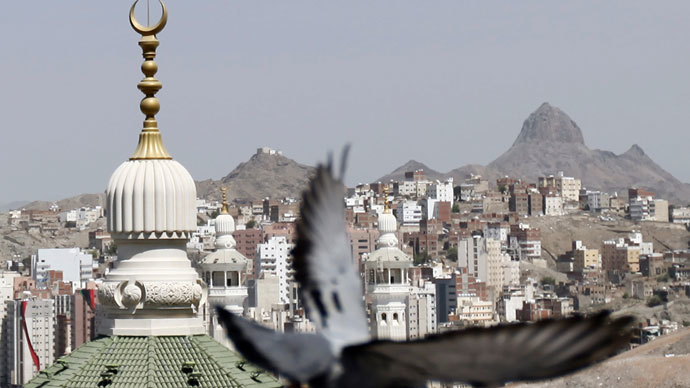 A pigeon flies near the minarets of the Grand Mosque (L) and Mount Al-Noor at Friday prayers during the annual haj pilgrimage in the holy city of Mecca.(Reuters / Amr Abdallah Dalsh)