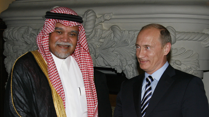 Russian President Vladimir Putin, right, and Prince Bandar bin Sultan bin Abdulaziz Al-Saud, general secretary of the National Security Council of Saudi Arabia, meeting in Moscow (RIA Novosti / Alexey Druzhinin)
