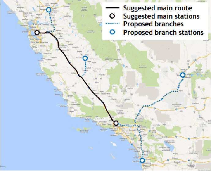 Suggested Hyperloop route map / map courtesy of Google Maps (Image from teslamotors.com/blog/hyperloop)
