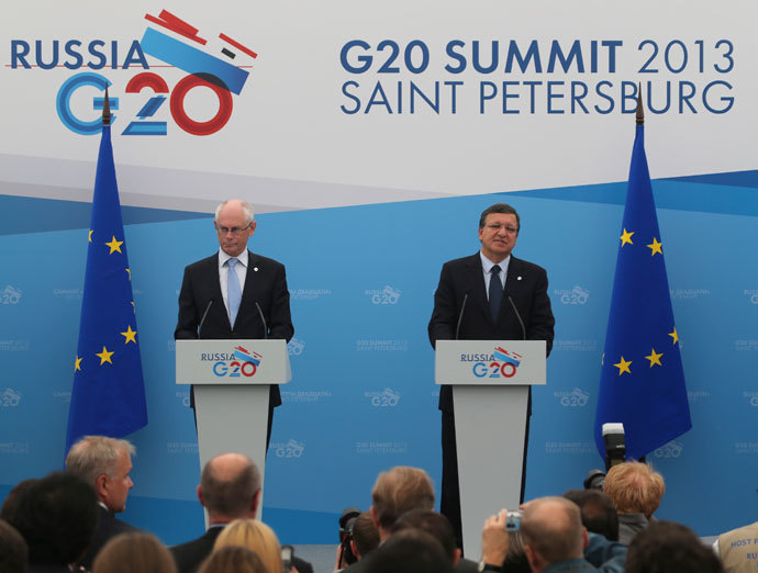 European Council President Herman Van Rompuy (L) and European Commission President Jose Manuel Barroso attend a briefing at the G20 Summit in St. Petersburg September 5, 2013.(Reuters / Mikhail Kireev)