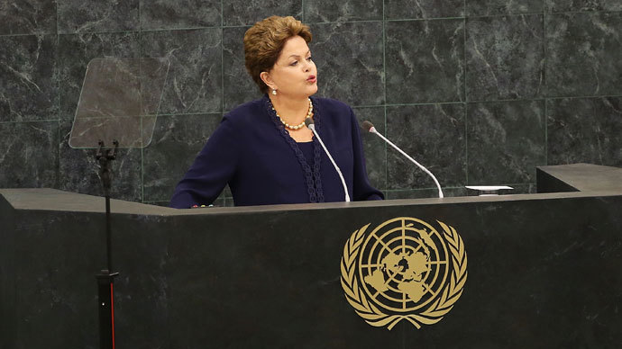 The Brazilian president Dilma Rousseff speaks at the United Nations (U.N.) General Assembly on September 24, 2013 in New York City.(AFP Photo /  Spencer Platt)