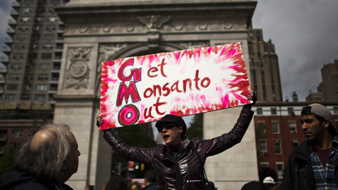 A woman holds up a poster during a protest against U.S.-based Monsanto Co. and genetically modified organisms (GMO), in New York May 25, 2013. (Reuters/Eduardo Munoz)