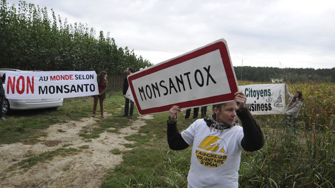 Anti-GMO protestors demonstrate in front of US seed company Monsanto on October 12, 2013, in Monbequi, southern France. Banner reads: "No to a world according to Monsanto".(AFP Photo / Pascal Pavani)