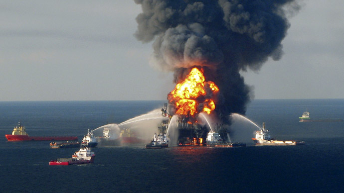 Fire boat response crews battle the blazing remnants of the offshore oil rig Deepwater Horizon, off Louisiana, in this April 21, 2010 file handout image. (Reuters/U.S. Coast Guard/Files)