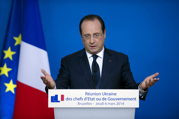 Ranskan presidentti Francois Hollande puhuu aikana lehdistötilaisuudessa 6. maaliskuuta 2014 Brysselissä.  (AFP Photo / Alain Jocard)