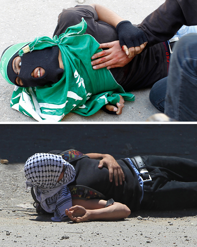 A May 15, 2014 combo shows Palestinian youths Mohammed Udeh, 16, (top), and Nadeem Nuwarah, 17, lying on the ground after they were shot by Israeli forces during clashes following a protest outside the Israeli-run Ofer prison in the Palestinian village of Betunia in the occupied West Bank marking "Nakba" or "catastrophe" of the Jewish state's creation (AFP Photo / Abbas Momani)