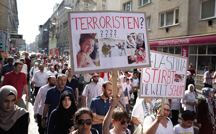 Pro-Palestinian protesters shout slogans and hold signs during a demonstration against Israel's military action and violence in the Gaza strip, in Vienna July 20, 2014. (AFP Photo / Joe Klamar)