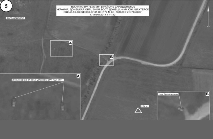 A satellite image showing the location of anti-aircraft missile system BUK M1 equipment in the area of the town of Zaroshchenskoye, Donetsk Region, on July 17, 2014, presented at the news conference of Chief of the Russian General Staff's Main Operational Directorate Andrei Kartapolov and Chief of the Russian Air Force's Main Staff Igor Makushev on the crash of the Boeing-777 airliner in Ukraine.
