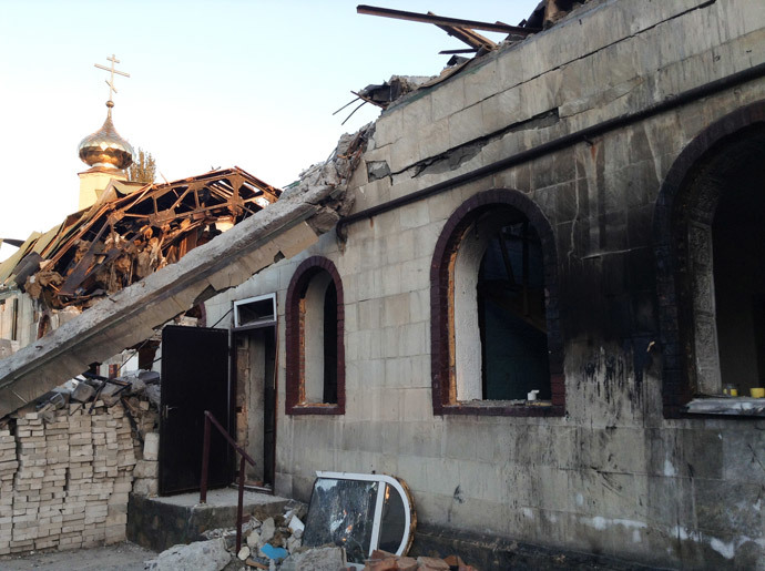Saint John of Kronstadt (Ioann Kronshtadsky) Church destroyed during a bombardment in the town of Kirovskoye, Donetsk Region. (RIA Novosti)
