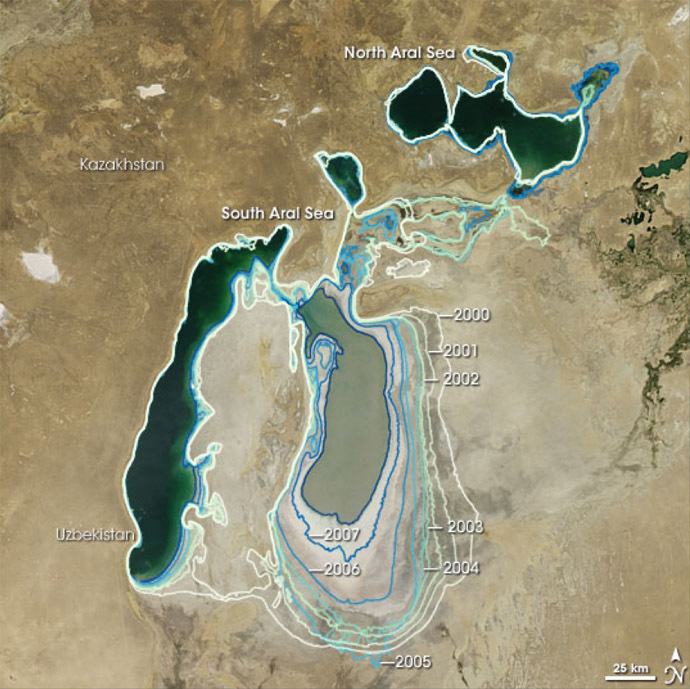 O Mar de Aral em 2000-2008 (NASA Earth Observatory)