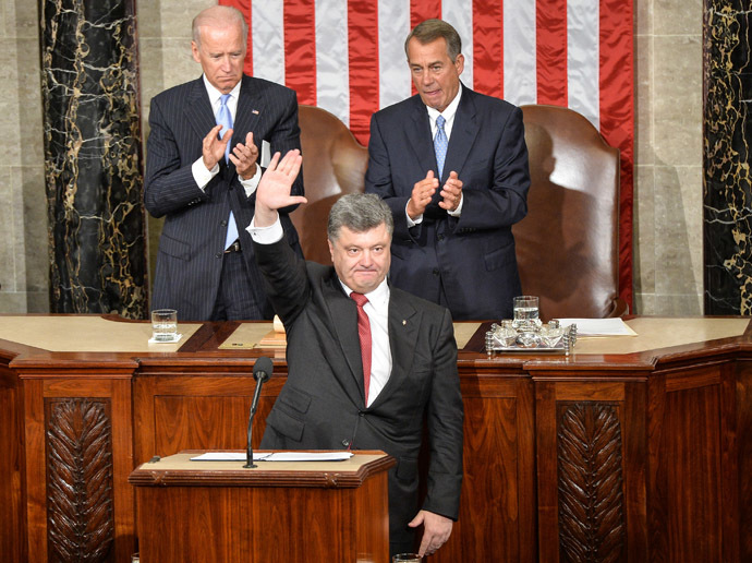 Ukrainian President Petro Poroshenko addresses a joint session of the US Congress at the Capitol in Washington, DC, on September 18, 2014. (AFP Photo/Nicholas Kamm)