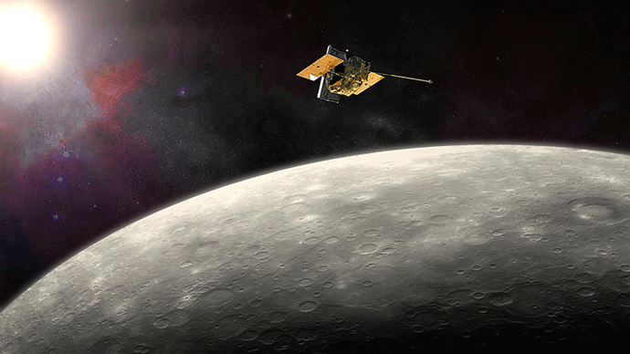 NASA’s MErcury Surface, Space ENvironment, GEochemistry, and Ranging (MESSENGER) spacecraft traveled more than six and a half years before it was inserted into orbit around Mercury on March 18, 2011. (Credits: NASA / JHU APL / Carnegie Institution of Washington) 