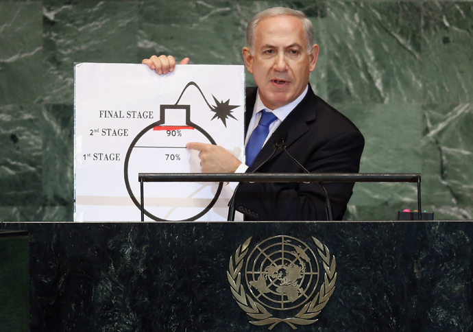 Benjamin Netanyahu, Prime Minister of Israel, points to a red line he drew on a graphic of a bomb while discussing Iran during an address to the United Nations General Assembly on September 27, 2012 in New York City (Mario Tama / Getty Images / AFP)