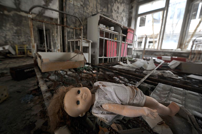 A plastic doll is pictured at a kindergarden in the ghost town of Pripyat April 4, 2011. (AFP Photo / Sergei Supinsky)