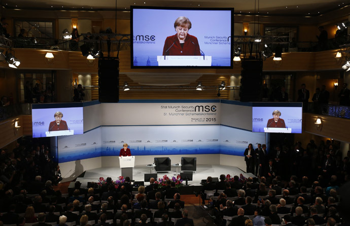 German Chancellor Angela Merkel addresses during the 51st Munich Security Conference at the 'Bayerischer Hof' hotel in Munich February 7, 2015. (Reuters/Michael Dalder)