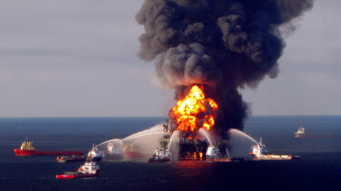 Fire boat response crews battle the blazing remnants of the offshore oil rig Deepwater Horizon, off Louisiana, in this April 21, 2010 file handout image.(Reuters / U.S. Coast Guard)