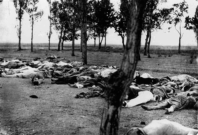 Of this photo, the United States ambassador wrote, "Scenes like this were common all over the Armenian provinces, in the spring and summer months of 1915. Death in its several forms—massacre, starvation, exhaustion—destroyed the larger part of the refugees. The Turkish policy was that of extermination under the guise of deportation" (Image from Wikipedia)